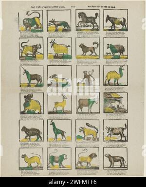 Deez'prent vaut l'argent Dubbel, / voit les animaux apprivoisés et sauvages de la nature, 1856 - 1900 imprimer feuille avec 24 représentations d'animaux, tels qu'un lion, un pardon, un chien et un taureau. Un verset de quatre lignes sous chaque spectacle. Numéroté au milieu : n 15. Animaux imprimants typographiques en papier Turnwood. bêtes de proie, animaux prédateurs : lion. bull. cheval. licorne Banque D'Images