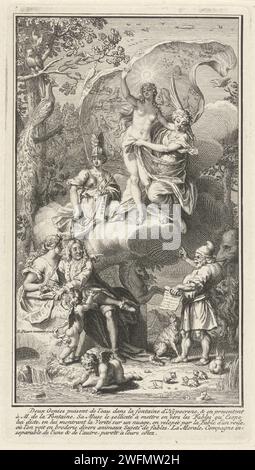 Page de titre allégorique avec l'écrivain Jean de la Fontaine et sa muse, Bernard Picart (atelier de), d'après Bernard Picart, 1721 estampe l'écrivain Jean de la Fontaine écrit dans un livre et est accompagné de sa muse. Un putto lui apporte une sieste avec l’eau de l’hippocrène, la rivière sur le mont Helicon et la source d’inspiration poétique. Il regarde l'écrivain grec de fable Aesop qui pointe vers le ciel où un nuage de vérité et de fable. Au-dessus d'eux un tissu sur lequel diverses fables sont représentées. Dans la marge, une légende de cinq lignes en français. Amsterdam papier gravure / gravure inspiration du poète Banque D'Images