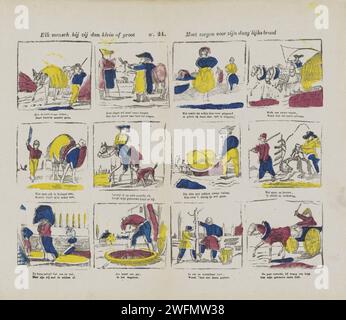 Chaque personne, il est alors petit ou grand / doit prendre soin de sa journée -comme le pain, 1848 - 1881 imprimer feuille avec 12 représentations de différentes professions et activités. Sous chaque image, un verset bidirectionnel. Numéroté au milieu : n. 24. Editeur : Den Boscheprint Maker : pays-Bas typographie papier imprimerie métiers et industries. artisanat-production, bricolage qualifié. agriculteurs Banque D'Images