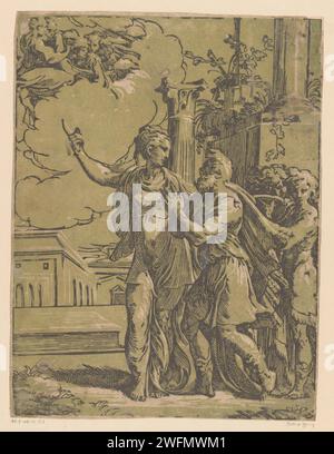 Keizer Augustus en de Tiburtijnse Sibille, Antonio da Trento, d'après Parmigianino, 1528 - 1530 imprimer le Tiburtine Sibille montre à l'empereur Augustus l'apparition d'un ange avec Marie et l'enfant Christ dans le ciel. Deux ressources masculines à droite. Italy paper la Sibylle Tiburtine et Auguste : la Sibylle révèle à l'empereur une vision de la Vierge au ciel. Madonna : c'est-à-dire Marie avec le Christ-enfant Banque D'Images