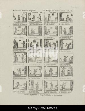 Dans cette impression la gaieté, / par Saartje Jans de Keukenmeid, Broese & Comp., 1828 - 1853 imprimer feuille avec 24 représentations de la vie de Saartje Jansz .. Dans les premières scènes, elle travaille comme femme de ménage, mais est licenciée parce qu'elle utilise trop de tourbe coûteuse pour cuisiner. Puis elle devient soldat. Sous chaque image, un verset bidirectionnel. Numéroté en haut à droite : n° 21. Impression typographique papier Breda Kitchen-Maid, domestique de cuisine. le soldat ; la vie du soldat Banque D'Images