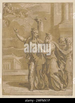 Keizer Augustus en de Tiburtijnse Sibille, Niccolò Vicentino, d'après Parmigianino, c. 1540 - 1550 imprimer le Tiburtine Sibille montre à l'empereur Augustus l'apparition d'un ange avec Marie et l'enfant Christ dans le ciel. Deux ressources masculines à droite. Italy paper la Sibylle Tiburtine et Auguste : la Sibylle révèle à l'empereur une vision de la Vierge au ciel. Madonna : c'est-à-dire Marie avec le Christ-enfant Banque D'Images