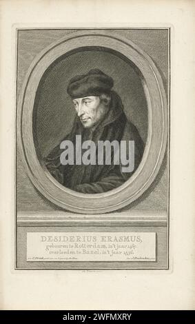 Portrait de Desiderius Erasmus, Jacob Houbraken, d'après Cornelis Pronk, 1749 - 1759 tirage Portrait à gauche de Desiderius Erasmus dans un ovale. Le portrait repose sur un socle sur lequel son nom et ses données sont en trois lignes en néerlandais. Gravure sur papier Amsterdam Banque D'Images