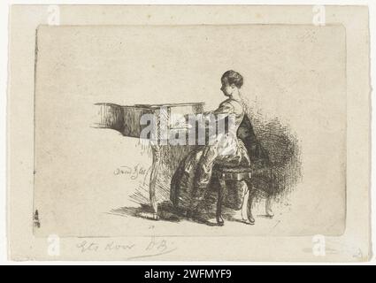 Fille au piano, David bles, 1863 imprimer Une fille est assise sur un tabouret de piano et joue sur un piano-fort ou un clavecin. Le papier de la Haye gravure une personne jouant d'un instrument à clavier. clavicorde, clavecin Banque D'Images