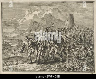Similitude des terriens en colère qui jettent le fils du propriétaire hors du vignoble, Jan Luyken, 1712 print Amsterdam papier gravure enfin le seigneur envoie son fils, '... ils le jetèrent hors de la vigne, et le tuèrent. Banque D'Images