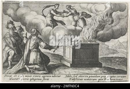 Offre d'Iphigénie, Crispijn van de passe (I), 1602 - 1607 imprimer Agamemnon, roi de Mycènes, sacrifie sa fille Iphigénie à Diane, pour se réconcilier avec la déesse. À la dernière minute, elle remplace la fille par un cerf et la nourrit. Dans la marge, une légende de quatre lignes, en deux colonnes, en latin. La gravure sur papier de Cologne Iphigénie est sauvée par Diana, qui met un cerf (arrière) à sa place Banque D'Images