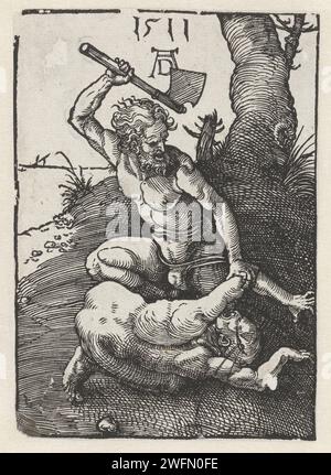 Caïn tue Abel, Albrecht Dürer, 1511 print Caïn lève une hache pour battre Abel, qui est couché sur le sol pour lui. Nuremberg paper The Killing of Abel : Caïn le tue avec une pierre, un club ou une mâchoire, alternativement avec une bêche ou un autre outil comme arme Banque D'Images