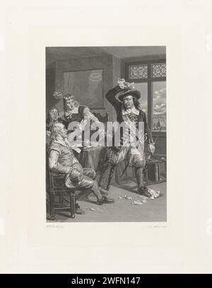 Quatre hommes dans le costume du 17e siècle autour d'une table, Johannes de Mare, d'après George William Henry Powell, 1816 - 1889 imprimer quatre hommes dans le costume du XVIIe siècle engagés dans une discussion agitée autour d'une table. L'un des hommes a une jambe en bois et se tient à côté de la table avec un morceau de papier froissé à la main. papier. pied en bois gravé sur acier. querelle, argument Banque D'Images