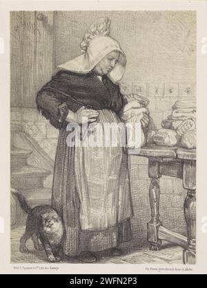Boerin, août les deux beewe, 1870 imprimer la femme du fermier et le chapeau est à une table pleine de linge. Dans son bras gauche, elle porte plus de lin. Dans sa main droite, elle a une clé. Un chat se souffle contre sa jambe. Derrière elle un escalier et quelques carreaux sur le mur. Imprimeur : Bruxelles (peut-être)imprimeur : les producteurs de papier de la Haye - AA - agricultrice, femme d’agriculteur. maison de lavage, buanderie à la maison, buanderie. casque : cap. cat Banque D'Images