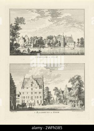 Château et Raadhuis à Goch, Paulus van Liender, d'après Jan de Beijer, 1758 impriment deux représentations d'une planche. Vue sur le château près de la ville allemande de Goch (ci-dessus) et la mairie dans le centre de Goch (ci-dessous). L'estampe fait partie d'une série en 100 parties avec des visages sur des villages et des villes du Kleef. paysage de gravure de papier avec tour ou château. vue sur la ville et paysage avec constructions artificielles. townhall Strangers. Goch Banque D'Images