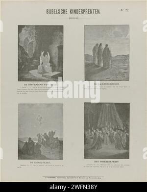 Gravures pour enfants de la Bible, 1869 - 1908 estampe feuille avec 4 représentations d'histoires du Nouveau Testament. Sur la tombe du Christ, un ange apparaît aux femmes qui viennent à Eintven, Christ et les deux de Emmausgoers sur une colline, l'Ascension du Christ et du Saint-Esprit descend sur Marie et les Apôtres (Pentecôte). Un texte biblique sous chaque image. Numéroté en haut à droite : n° 22. Impression typographique papier Amsterdam Nouveau Testament. Les femmes saintes (les trois Maries) sur leur chemin vers ou au tombeau, pour oindre le corps du Christ. Cléopas et Pierre rencontrent le Christ (parfois ils sont habillés en pèlerins). Chris Banque D'Images