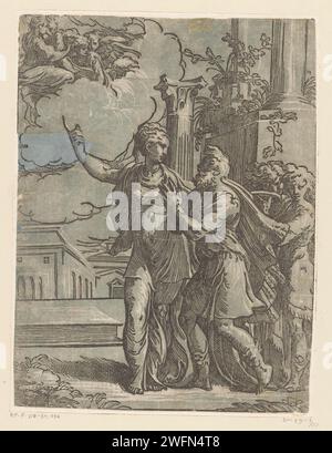 Keizer Augustus en de Tiburtijnse Sibille, Antonio da Trento, d'après Parmigianino, 1528 - 1530 imprimer le Tiburtine Sibille montre à l'empereur Augustus l'apparition d'un ange avec Marie et l'enfant Christ dans le ciel. Deux ressources masculines à droite. Italy paper la Sibylle Tiburtine et Auguste : la Sibylle révèle à l'empereur une vision de la Vierge au ciel. Madonna : c'est-à-dire Marie avec le Christ-enfant Banque D'Images