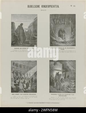 Gravures pour enfants de la Bible, 1869 - 1908 estampe feuille avec 4 représentations d'histoires de l'ancien Testament. Daniël et ses amis, les trois jeunes dans le four à feu brûlant, la fête du roi Belsassar et Néhémie devant les portes de Jérusalem. Un texte biblique sous chaque image. Numéroté en haut à droite : n° 12. Impression typographique papier Amsterdam ancien Testament. Daniel et ses trois amis sont éduqués dans le palais par Melzar. L'histoire des trois Hébreux dans le fourneau enflammé (Daniel 3). La grande fête de Belschazar, au cours de laquelle lui et ses courtisans profanent le vase d`or et d`argent Banque D'Images