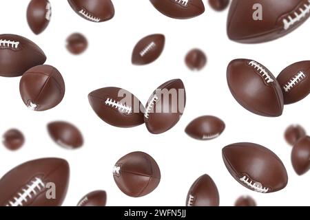 Beaucoup de balles de football américain tombant sur fond blanc Banque D'Images