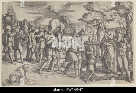 Abrahams rencontre avec Melchisédek, Battista Franco, 1520 - 1561 estampe procession d'Abraham et de ses hommes à Salem (Jérusalem). Ils portent les trophées de leur lutte dans la région du Jordaan. Ils sont accueillis par Melchizédek, le roi et grand prêtre de Salem. Il offre du pain et du vin à Ambraham. En arrière-plan un éléphant un lion en combat. Italie papier gravure de la réunion d'Abraham et Melchizédek, le grand prêtre et roi de Salem, qui apporte pain et vin (Genèse 14:18-20) Banque D'Images