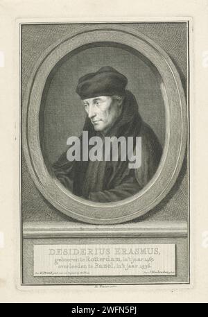 Portrait de Desiderius Erasmus, Jacob Houbraken, d'après Cornelis Pronk, 1749 - 1759 tirage Portrait à gauche de Desiderius Erasmus dans un ovale. Le portrait repose sur un socle sur lequel son nom et ses données sont en trois lignes en néerlandais. Gravure sur papier Amsterdam Banque D'Images