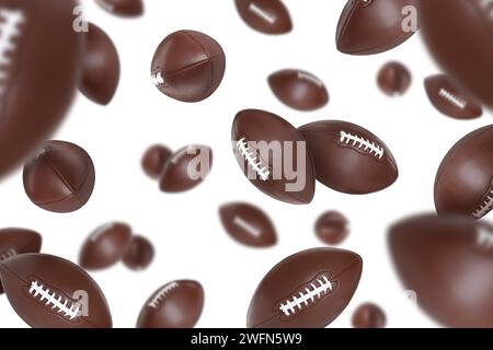 Beaucoup de balles de football américain tombant sur fond blanc Banque D'Images