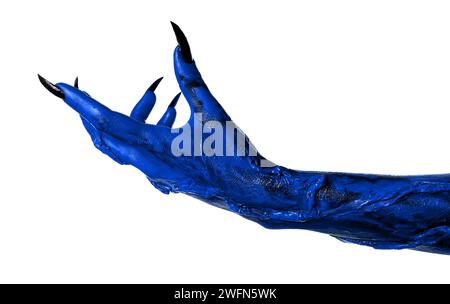 Monstre effrayant. Main bleue avec griffes isolé sur blanc Banque D'Images