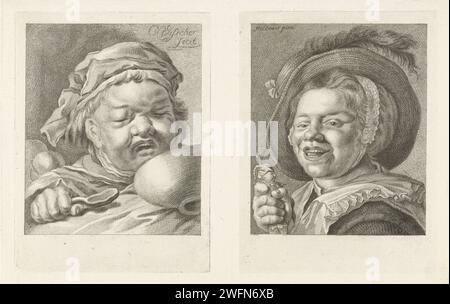 Enfant pleurant avec une sieste / fille riante avec pop, Pieter de Mare, d'après Cornelis Visscher (II), d'après Jan Miense Molenaer, 1768 - 1796 imprimez deux impressions sur une feuille. A gauche un enfant qui pleure avec sieste et cuillère et à droite une fille souriante avec une poupée. Leiden papier gravure / gravure tot, tout-petit  les âges de l'homme. cuillère. bol. enfant. (jouer avec) poupées Banque D'Images