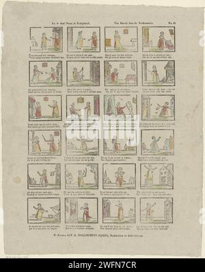 See in Deez 'print The Cheerfulness, / par Saartje Jans de Keukenmeid, F.B. Hollingerus -Pypers, 1815 - 1825 print feuille avec 24 représentations de la vie de Saartje Jans de Keukenmeid. Dans les premières scènes, elle travaille comme femme de ménage, mais est licenciée parce qu'elle utilise trop de tourbe coûteuse pour cuisiner. Puis elle devient soldat. Sous chaque image, un verset bidirectionnel. Numéroté en haut à droite : n° 61. Impression typographique papier Breda Kitchen-Maid, domestique de cuisine. le soldat ; la vie du soldat Banque D'Images