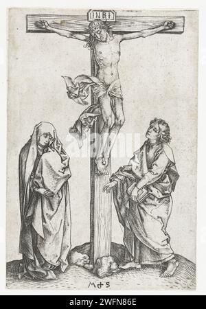 De Kruisiging, Martin Schongauer, c. 1470 - 1491 imprimer Christ sur la croix. À sa gauche se trouve sa mère Maria, à sa droite Jean l'Evangéliste. Allemagne gravure sur papier crucifié Christ avec Marie et Jean de chaque côté de la croix ; Saint Rood Banque D'Images