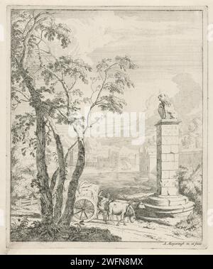 Paysage avec un chariot à foin et un monument, Albert Meyering, 1695 - 1714 estampe dans un paysage, un chariot à foin, tiré par deux bœufs, passe devant une colonne un lion. En arrière-plan une ville sur un lac. Amsterdam gravure sur papier / gravure Hay-wagon. monument, statue. bêtes de proie, animaux prédateurs : lion. lac Banque D'Images