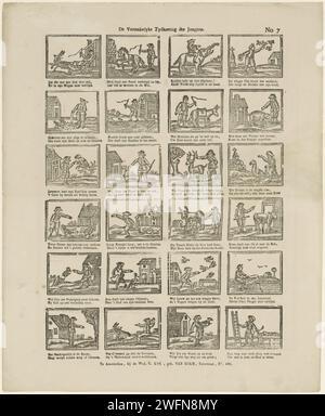 Le Vermakelyke Tyd rabais des garçons, veuve C. Kok -van Kolm, 1842 - 1866 imprimer feuille avec 24 représentations de jeux d'enfants et d'activités pour les garçons, y compris la conduite sur un éléphant, la capture d'oiseaux et la pêche. Sous chaque image, un verset bidirectionnel. Numéroté en haut à droite : no 7. Editeur : Amsterdamprint Maker : pays-Bas papier impression typographique enfant jouant avec des animaux. jeux et jeux pour enfants Banque D'Images