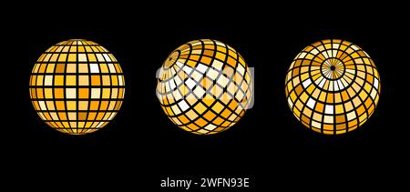 Jeu de boules disco jaunes. Collection de sphères filaires dans différents angles. Globe à grille ou paquet de boules à damier. Pack d'éléments mirrorball or pour affiche, bannière, couverture de musique, fête. Vecteur Illustration de Vecteur