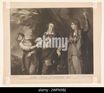 Portrait de David Garrick entre personnifications de comédie et tragédie, Edward Fisher, d'après Joshua Reynolds, 1762 print texte en latin dans la marge inférieure. Gravure de personnages historiques sur papier de Londres. portrait d'acteur, actrice. théâtre, représentation théâtrale. 'Tragedia' (Ripa). 'Comedia', 'Comedia vecchia' (Ripa) Banque D'Images