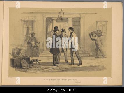 Trois hommes disent au revoir pour la station, Carel Christiaan Antony Last, v. 1836 - 1876 print deux hommes se tiennent la main. Le troisième tient un mouchoir devant son visage. Sur la gauche, il y a des valises. Sous l'image une citation de Hildebrand (pseudonyme pour Nicolaas Beets) d'amis éloignés. Cette impression est liée avec trois autres impressions de la série. Départ papier Leiden  voyage. gare ; abri (chemin de fer, tramway). secousses de main, 'dextrarum junctio' Banque D'Images