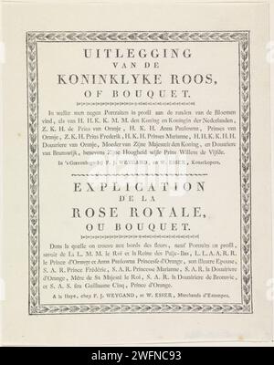 Texte aux roses avec des portraits de silhouettes de Willem I Frederik, roi des pays-Bas, Wilhelmina van Pruisen, leurs enfants, ses parents et sa sœur, François Joseph Weygand, 1815 - 1819 feuille de texte la typographie papier de la Haye Banque D'Images