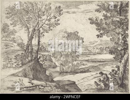 Paysage avec une femme, un homme et un enfant, Giovanni Francesco Grimaldi, 1643 Imprimer Un large paysage fluvial avec un homme, une femme et un enfant au premier plan à droite. Au premier plan à gauche un arbre tombé. Italie papier gravure des paysages. rivière. famille, relation, descendance Banque D'Images