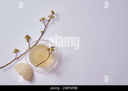 Une tasse transparente en verre contenant de la soupe de nid d’oiseau, décorée d’un nid d’oiseau comestible et de branches de fleurs. Le nid d’oiseau peut améliorer la prévention des maladies Banque D'Images