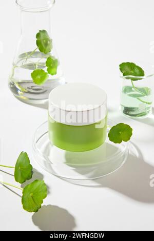 Un bocal sans étiquette debout sur un podium rond disposé avec de la verrerie de laboratoire. Gotu kola (Centella asiatica) peut être utilisé comme ingrédient dans les cosmétiques Banque D'Images