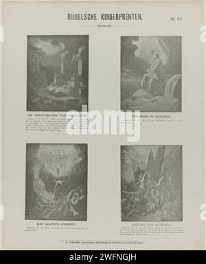 Gravures pour enfants de la Bible, 1869 - 1908 estampe feuille avec 4 représentations d'histoires du Nouveau Testament. La destruction de Jérusalem, Jean sur Patmos, le dernier jugement et quatre voitures viennent à l'avant entre les Koperbergen. Un texte biblique sous chaque image. Numéroté en haut à droite : n° 24. Impression typographique papier Amsterdam Nouveau Testament. La chute de Jérusalem  Histoire de Zedekiah. Jean (écrit) sur l'île de Patmos, peut-être l'aigle à côté de lui. Jugement dernier. Quatre chars (avec des chevaux rouges, noirs, blancs, maculeux et de baie respectivement) sortant d'entre deux montagnes de laiton (Zecha Banque D'Images