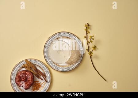 Un plat de nid d’oiseau comestible avec un bol en verre de soupe de nid d’oiseau décoré d’un plat d’herbes, de champignons lingzhi, de cordyceps et de ginseng. Amélioration des s Banque D'Images