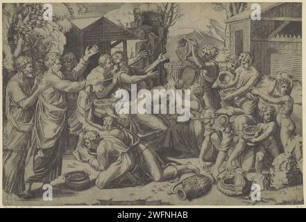 Collecte de la manne, Agostino Veneziano, d'après Rafaël, 1500 - c. 1536 imprimer les Israélites attrapent et ramassent la manne qui tombe du ciel. A gauche est Moïse. Imprimeur : ItalyaFter dessin par : Cité du Vatican gravure sur papier dans le matin la manne tombe sur la terre  Exode Banque D'Images