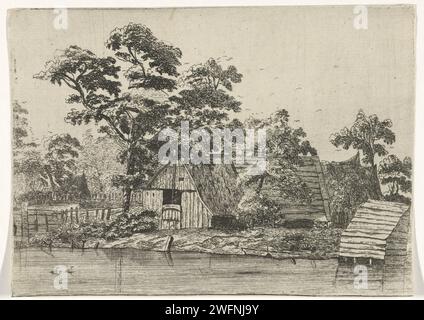 Maisons sur un étang, Anna Maria de Koker, 1640 - 1698 imprimer sur un étang, où deux canards nagent, il y a une maison en bois avec un hangar dans l'eau sur la droite. En arrière-plan, vous pouvez voir un certain nombre de maisons entre les arbres et les oiseaux voler dans les airs. bassin de gravure de papier. cottage. arbres Banque D'Images