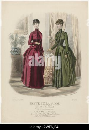 Revue de mode, Family gazette, dimanche 17 janvier 1886, 15e année, no 733 : toilettes de Mme Edon (...), A. Chaillot, 1886 deux femmes dans un intérieur habillées de robes Edon. Gauche : Robe en deux tons de rouge, corps et jupe avec ourlet festonné. Droite : Robe en trois nuances de vert, au milieu du devant avec un motif rayé. Avec quelques lignes de texte publicitaire pour différents produits. Tirage du magazine de mode Revue de la mode (1872-1913). Assiettes de mode gravure papier Paris. robe, robe (+ vêtements pour femmes). jupe (+ vêtements pour femmes). vêtements pour la partie supérieure du corps (+ cl. femmes Banque D'Images