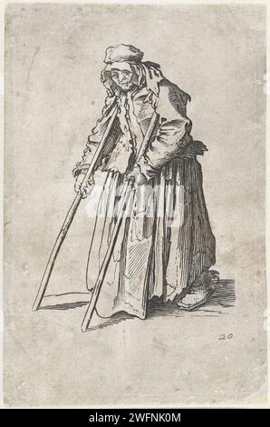 Bidelares à béquilles, anonyme, d'après Jacques Callot, 1622 - 1670 estampe femme, vêtue de chiffons, vue à gauche, marchant à l'aide de deux béquilles. Ce tirage fait partie d'une série de 25 (?) Estampes avec mendiants et vagabonds, comme Callot qui a probablement vu en Italie. France (peut-être) mordant de gravure de papier. béquilles Banque D'Images
