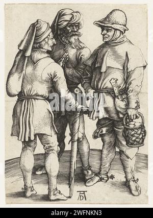 Trois agriculteurs en conversation, Albrecht Dürer, 1495 - 1499 imprimer trois hommes se parlent. L'un d'eux tient une épée, un autre un panier d'œufs, le troisième a une barbe frappante et un couvre-tête en turban. Nuremberg gravure sur papier fermiers. conversation, dialogue ; pièce de conversation Banque D'Images