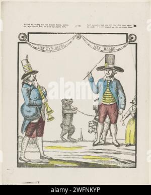 J'offre mon aiguille pour les civils, messieurs, agriculteurs, / avec mon ours expérimenté, qui fait ses pligs, / donner aux gens. Encore un cent pour ses visites sales / et pense : il est dépensé quand un pauvre sang, 1833 - 1900 imprimer feuille avec une grande représentation de deux hommes avec deux ours dansants. L'un des hommes joue à la cornemuse. Numéroté au milieu : non 142. Imprimeur : Rotterdam Éditeur : Turnhout Éditeur : Turnhout Éditeur : Turnhout impression typographique en papier ours (performance de cirque) (+ danse  activités festives). apprivoiser et dresser les animaux. cornemuse, musette Banque D'Images