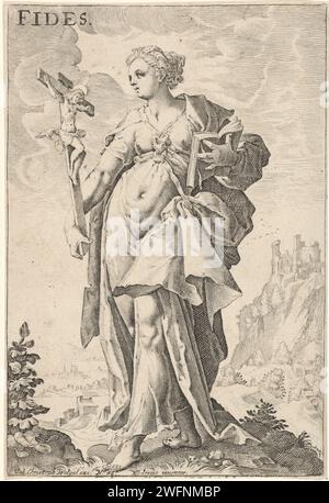 Geloof (Fides), anonyme, d’après Jacob Matham, d’après Hendrick Goltzius, 1664 - 1727 imprimer la foi personnalisée ; Une figure féminine avec un crucifix et une Bible. En bas à gauche marqué : n ° 42 Nuremberg papier gravure foi, 'foi' ; 'FED ',' foi catholique ',' FED Christian ',' Fed Christian Church' (Ripa)  l'une des trois vertus théologiques Banque D'Images