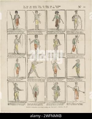 Voir ici un peuple courageux, le service de la patrie, / fidèle à leur prince, et vrolyk dans leur plage, veuve C. Kok -van Kolm, 1842 - 1866 imprimer feuille avec 16 représentations de soldats avec des armes et des instruments. Sous chaque image, un verset bidirectionnel. Numéroté en haut à droite : n° 44. Editeur : Amsterdamprint fabricant : typographie papier néerlandaise imprimant le soldat ; la vie du soldat. armes Banque D'Images