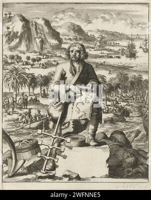 Homme pointant sur une carte, Jan Luyken, 1688 print Homme pointant sur une carte, en arrière-plan la côte de l'Amérique du Nord (Louisiane) où les explorateurs français tournent le pied. Les combats avec les habitants se déroulent en arrière-plan, probablement les chickasaw. Amsterdam papier gravure exploration, expédition, voyage de découverte. (Carte de) Amérique du Nord. Peuples autochtones d'Amérique du Nord Louisiane Banque D'Images