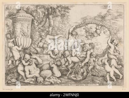 Met Silenus, Giovanni Andrea Podestà, 1640 imprimer Un bacchanal dans un paysage avec des saters, des enfants, des bacciens et le Silenus ivre. A gauche un grand vase antique. Imprimeur : Italyafter propre design par : ItalyPublisher : RomeItalyItaly paper graving (Story of) Silenus. Bachanal pour enfants. Satyre(s) (en général). Drunkenenss. Maenad(s), femelle Baccant(s) Banque D'Images