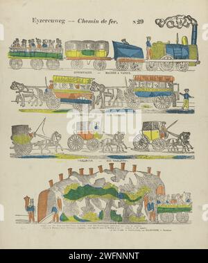 Eycernweg - chemin le fer, P.J. Delhuntene, 1842 - 1856 imprimer feuille avec 4 rangées horizontales avec des performances de véhicules, tels qu'un train à vapeur, des omnibus et un cheval et une calèche. Au-dessous d'un train qui traverse un tunnel. Sous chaque représentation une légende en néerlandais et en français. Numéroté en haut à droite : N 29. Impression typographique sur papier Turnwood véhicule à quatre roues, tiré par des animaux, par exemple : cabine, voiture, autocar. chemin de fer, train. train de voyageurs Banque D'Images