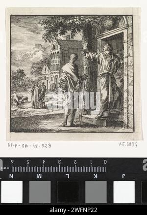 L'homme devient l'accès à une maison, avec un globe sur la façade, refusé, Jan Luyken, 1710 imprimer Amsterdam papier gravure de la terre, le monde comme corps céleste. Refus Banque D'Images