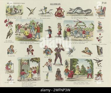 Landleven, 1874 imprimer feuille avec 29 représentations de nature variée, y compris un jerk, des enfants jouant, un spectacle de marionnettes, un arlequin et des enfants qui sautent à la corde. Une légende sous chaque image. Numéroté en haut à droite : n° 48. Amsterdam papier letterpress imprimant jeux et jeux pour enfants. caractères (types humains). animaux. Types dans 'commedia dell'arte' : Arlequin Banque D'Images