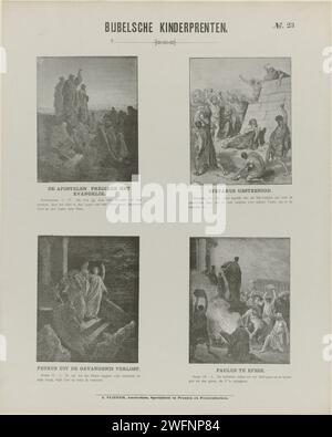 Gravures pour enfants de la Bible, 1869 - 1908 estampe feuille avec 4 représentations d'histoires du Nouveau Testament. Les apôtres prêchent l'évangile, la lapidation de Stefanus, la libération de Pierre par l'ange et Paul prêche à Éphèse. Un texte biblique sous chaque image. Numéroté en haut à droite : n° 23. Impression typographique papier Amsterdam Nouveau Testament. Vies et actes des apôtres du Christ ; épîtres. La lapidation d'Étienne ; les témoins déposèrent leurs vêtements aux pieds de Saul. L'ange conduit Peter devant les gardes endormis. Paul prêchant à Éphèse Banque D'Images